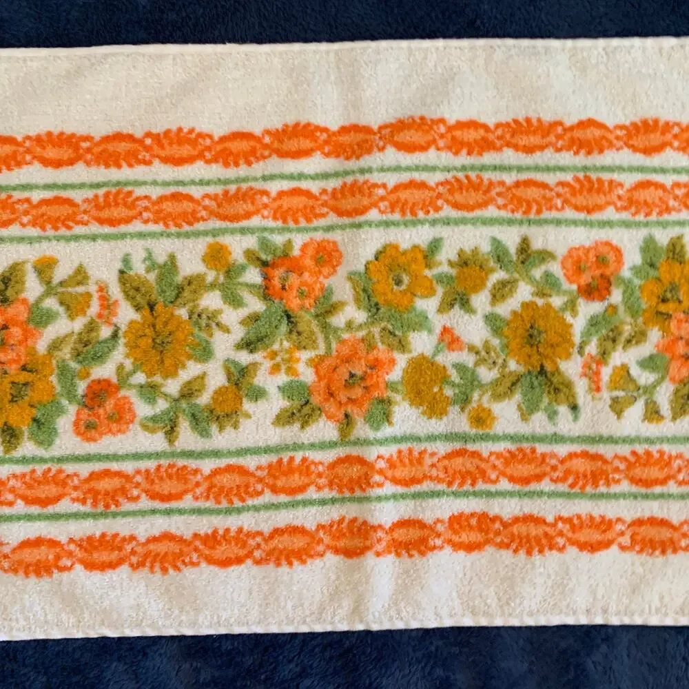 Vtg Cannon 70s Floral Bath Hand Dish Towel Orange Green Yellow Fringe Cotton 3